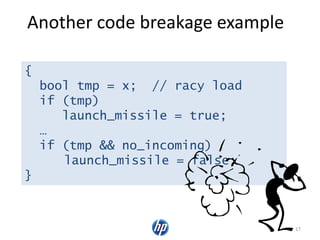 Another code breakage example
17
{
bool tmp = x; // racy load
if (tmp)
launch_missile = true;
…
if (tmp && no_incoming)
launch_missile = false;
}
 