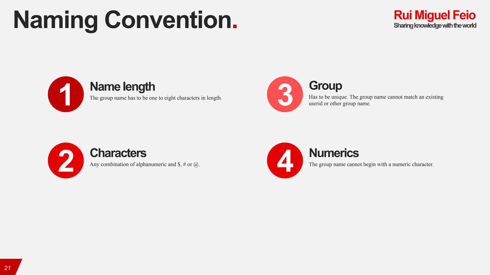 Naming Convention.
21
The group name has to be one to eight characters in length.
Name length
1
Any combination of alphanumeric and $, # or @.
Characters
2
Has to be unique. The group name cannot match an existing
userid or other group name.
Group
3
The group name cannot begin with a numeric character.
Numerics
4
 
