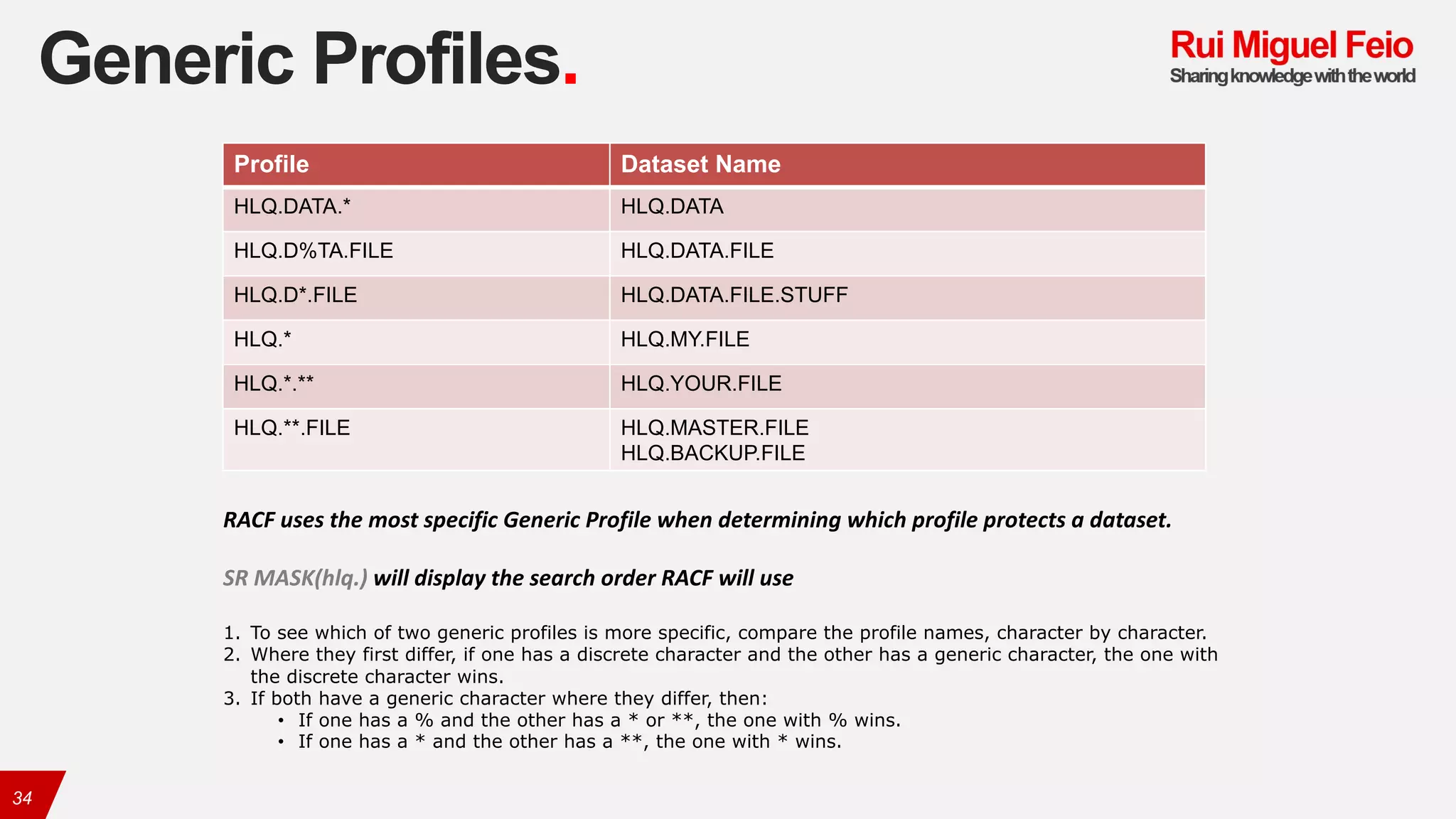 Generic Profiles.
34
Profile Dataset Name
HLQ.DATA.* HLQ.DATA
HLQ.D%TA.FILE HLQ.DATA.FILE
HLQ.D*.FILE HLQ.DATA.FILE.STUFF
HLQ.* HLQ.MY.FILE
HLQ.*.** HLQ.YOUR.FILE
HLQ.**.FILE HLQ.MASTER.FILE
HLQ.BACKUP.FILE
RACF	uses	the	most	specific	Generic	Profile	when	determining	which	profile	protects	a	dataset.
SR	MASK(hlq.)	will	display	the	search	order	RACF	will	use
1. To see which of two generic profiles is more specific, compare the profile names, character by character.
2. Where they first differ, if one has a discrete character and the other has a generic character, the one with
the discrete character wins.
3. If both have a generic character where they differ, then:
• If one has a % and the other has a * or **, the one with % wins.
• If one has a * and the other has a **, the one with * wins.
 