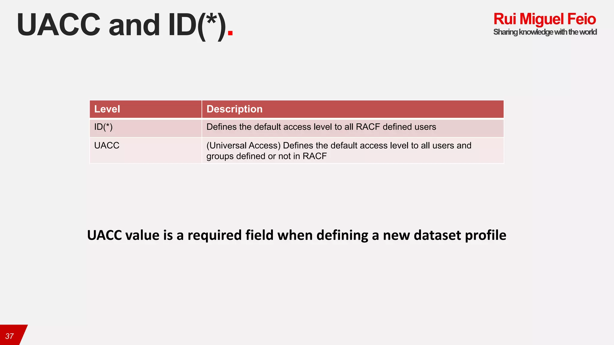UACC and ID(*).
37
Level Description
ID(*) Defines the default access level to all RACF defined users
UACC (Universal Access) Defines the default access level to all users and
groups defined or not in RACF
UACC	value	is	a	required	field	when	defining	a	new	dataset	profile
 