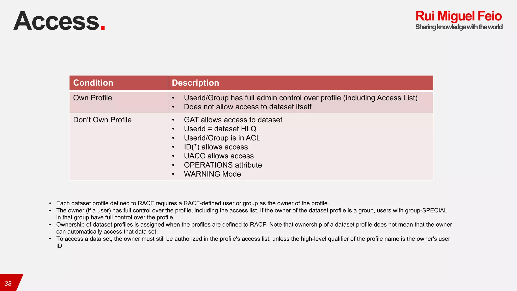 Access.
38
Condition Description
Own Profile • Userid/Group has full admin control over profile (including Access List)
• Does not allow access to dataset itself
Don’t Own Profile • GAT allows access to dataset
• Userid = dataset HLQ
• Userid/Group is in ACL
• ID(*) allows access
• UACC allows access
• OPERATIONS attribute
• WARNING Mode
• Each dataset profile defined to RACF requires a RACF-defined user or group as the owner of the profile.
• The owner (if a user) has full control over the profile, including the access list. If the owner of the dataset profile is a group, users with group-SPECIAL
in that group have full control over the profile.
• Ownership of dataset profiles is assigned when the profiles are defined to RACF. Note that ownership of a dataset profile does not mean that the owner
can automatically access that data set.
• To access a data set, the owner must still be authorized in the profile's access list, unless the high-level qualifier of the profile name is the owner's user
ID.
 