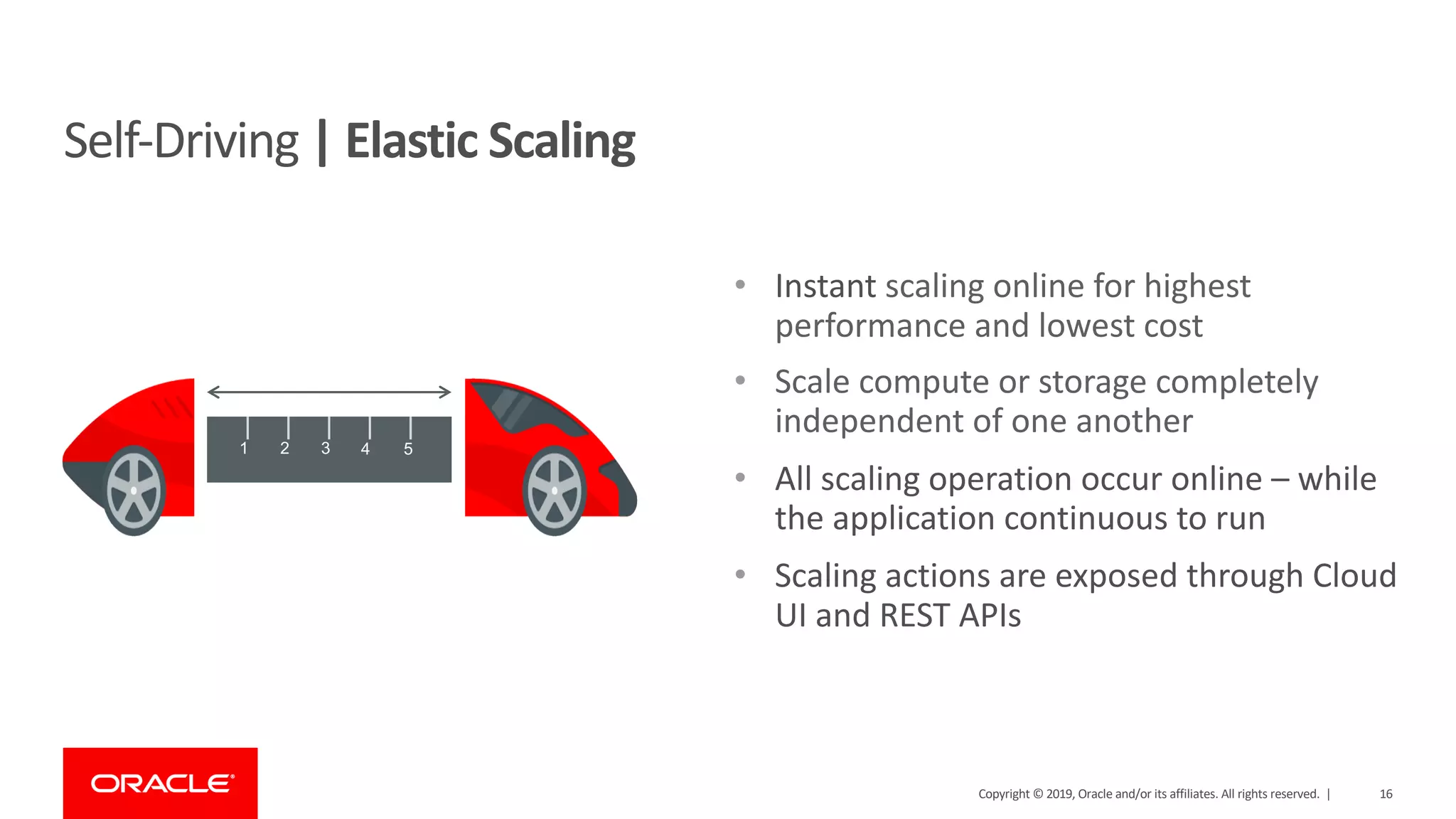 Copyright © 2019, Oracle and/or its affiliates. All rights reserved. | 16
Self-Driving | Elastic Scaling
1 2 3 4 5
• Instant scaling online for highest
performance and lowest cost
• Scale compute or storage completely
independent of one another
• All scaling operation occur online – while
the application continuous to run
• Scaling actions are exposed through Cloud
UI and REST APIs
 