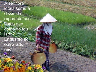 A senhora idosa sorriu e disse: Já reparaste nas flores que estão do teu lado? Enquanto no outro lado não. 