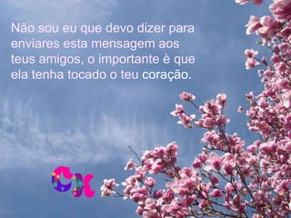 Não sou eu que devo dizer para
enviares esta mensagem aos
teus amigos, o importante è que
ela tenha tocado o teu coração.
 