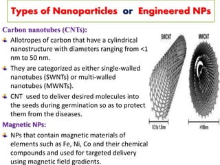 Types of Nanoparticles or Engineered NPs
Carbon nanotubes (CNTs):
Allotropes of carbon that have a cylindrical
nanostructure with diameters ranging from <1
nm to 50 nm.
They are categorized as either single-walled
nanotubes (SWNTs) or multi-walled
nanotubes (MWNTs).
CNT used to deliver desired molecules into
the seeds during germination so as to protect
them from the diseases.
Magnetic NPs:
NPs that contain magnetic materials of
elements such as Fe, Ni, Co and their chemical
compounds and used for targeted delivery
using magnetic field gradients.
 
