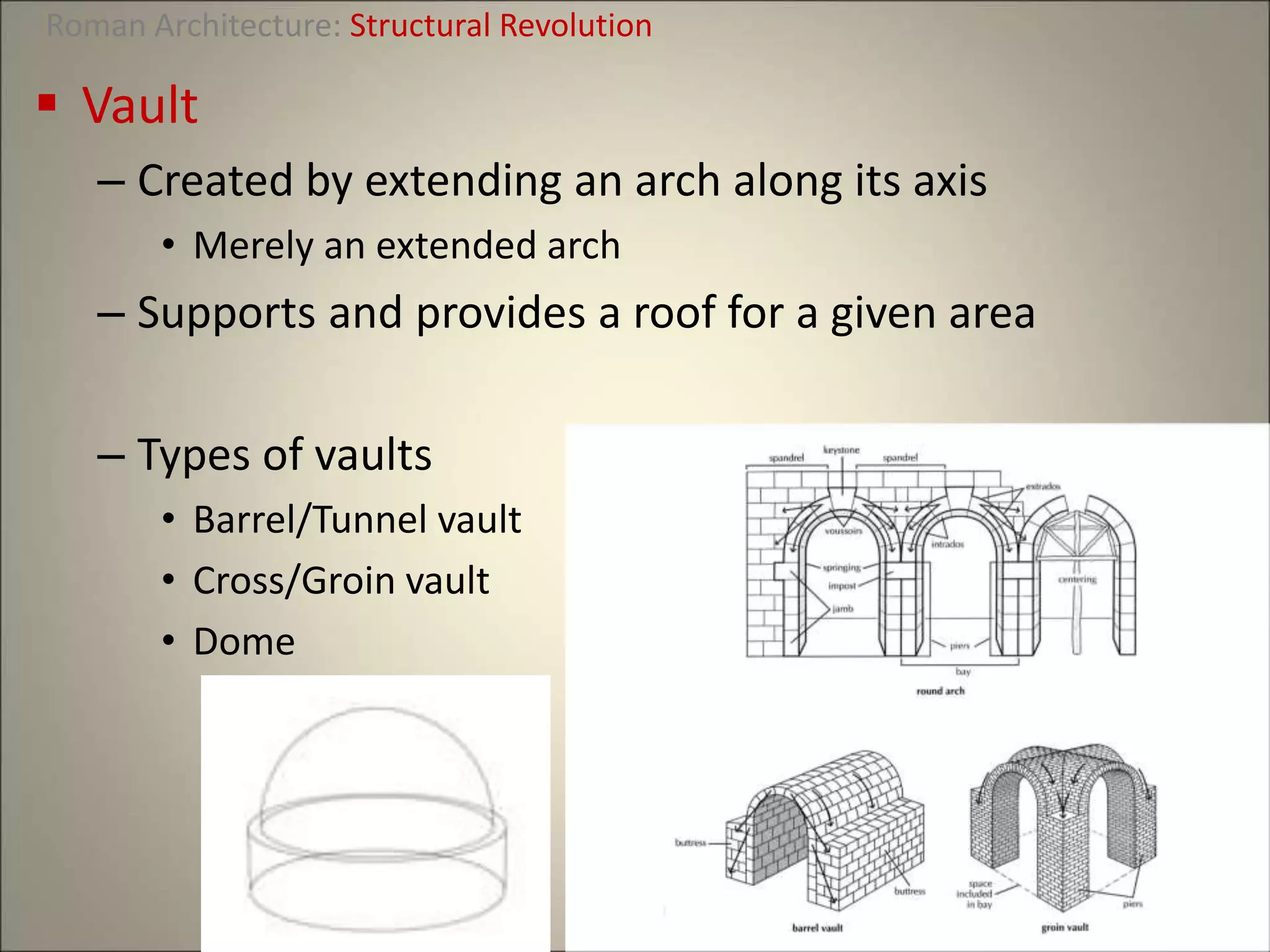  Vault
– Created by extending an arch along its axis
• Merely an extended arch
– Supports and provides a roof for a given area
– Types of vaults
• Barrel/Tunnel vault
• Cross/Groin vault
• Dome
Roman Architecture: Structural Revolution
 