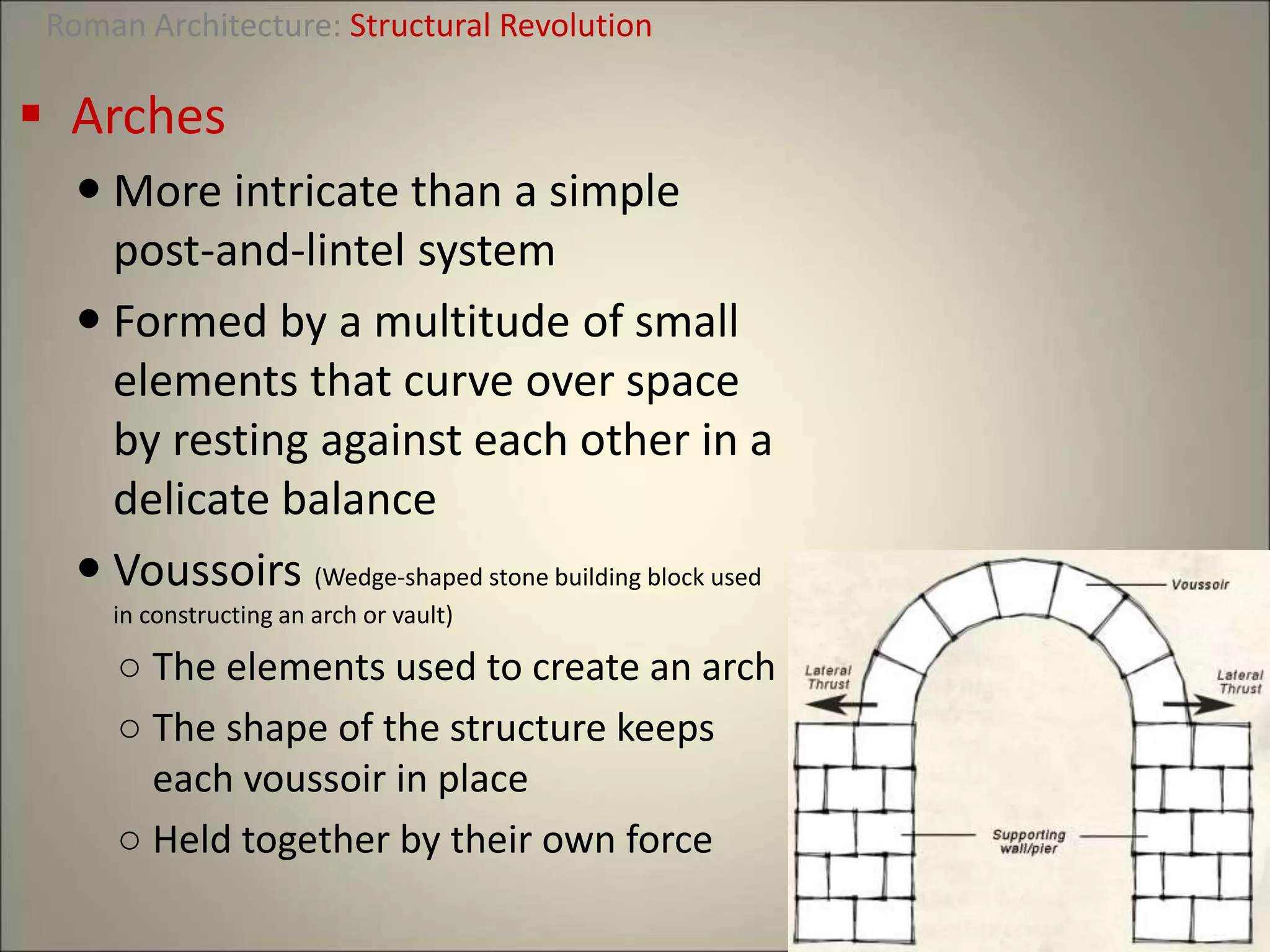  Arches
 More intricate than a simple
post-and-lintel system
 Formed by a multitude of small
elements that curve over space
by resting against each other in a
delicate balance
 Voussoirs (Wedge-shaped stone building block used
in constructing an arch or vault)
○ The elements used to create an arch
○ The shape of the structure keeps
each voussoir in place
○ Held together by their own force
Roman Architecture: Structural Revolution
 
