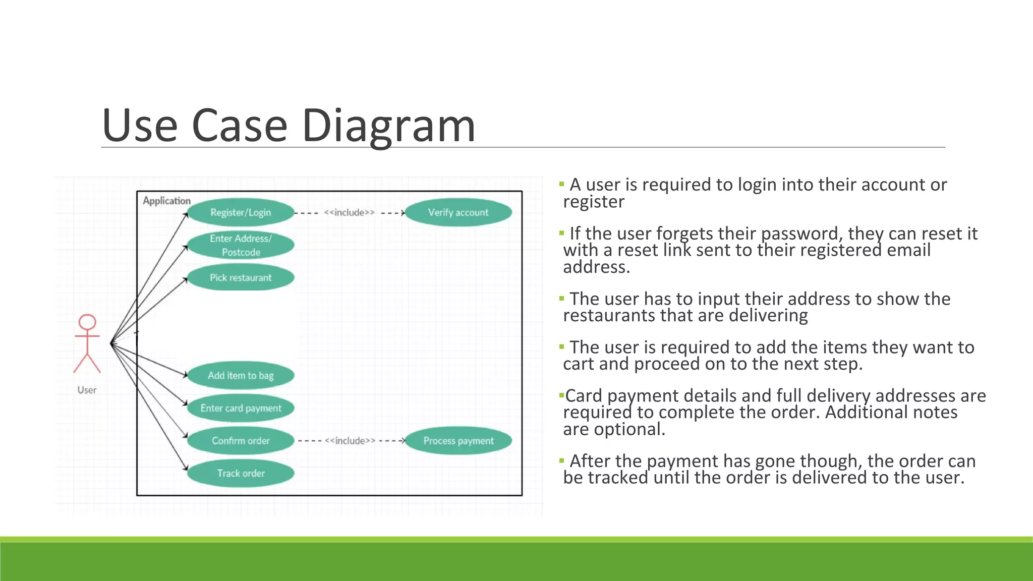 Use Case Diagram
▪ A user is required to login into their account or
register
▪ If the user forgets their password, they can reset it
with a reset link sent to their registered email
address.
▪ The user has to input their address to show the
restaurants that are delivering
▪ The user is required to add the items they want to
cart and proceed on to the next step.
▪Card payment details and full delivery addresses are
required to complete the order. Additional notes
are optional.
▪ After the payment has gone though, the order can
be tracked until the order is delivered to the user.
 