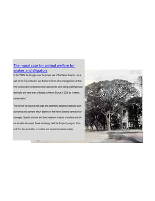 The moral case for animal welfare for
snakes and alligators
In the 1990a the struggle over the proper use of the Nariva Swamp – as a

park or for rice production was framed in terms of co-management. At that

time conservation and preservation approaches were being challenged aca-

demically and were even criticized by Hanna Siurua in 2006 as “fortress

conservation.”

The core of the issue is that large and potentially dangerous species such

as snakes and caimans which depend on the Nariva Swamp cannot be co-

managed. Specific animals and their treatment in terms of welfare and eth-

ics are also discussed: these are Happy Feet the Emperor penguin, Elvis

and Eric, two Australian crocodiles and several nameless snakes.
 