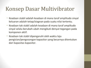Konsep Dasar Multivibrator
• Keadaan stabil adalah keadaan di mana taraf amplitudo sinyal
keluaran adalah tetap/stagnan pada suatu nilai tertentu.
• Keadaan tak stabil adalah keadaan di mana taraf ampiltudo
sinyal selalu berubah-ubah mengikuti denyut tegangan pada
komponen aktif.
• Keadaan tak stabil dipengaruhi oleh waktu laju
pengisian/pengosongan kapasitor yang besarnya ditentukan
dari kapasitas kapasitor.
 
