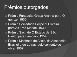 Prêmios outorgados
Prêmio Fundação Graça Aranha para O
quinze, 1930
 Prêmio Sociedade Felipe d' Oliveira
para As Três Marias, 1939
 Prêmio Saci, de O Estado de São
Paulo, para Lampião, 1954
 Prêmio Machado de Assis, da Academia
Brasileira de Letras, pelo conjunto de
obra, 1957


 