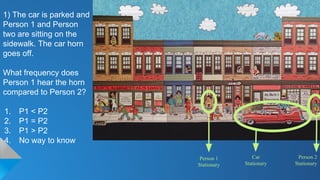 1) The car is parked and
Person 1 and Person
two are sitting on the
sidewalk. The car horn
goes off.
What frequency does
Person 1 hear the horn
compared to Person 2?
1. P1 < P2
2. P1 = P2
3. P1 > P2
4. No way to know
Person 1
Stationary
Person 2
Stationary
Car
Stationary
 