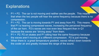 Explanations
1. P1 = P2. The car is not moving and neither are the people. This means
that when the two people will hear the same frequency because there is no
compression.
2. P1 > P2. The car is moving towards P1 and away from P2. This means
that P1 is hearing compressed waves, increasing the perceived frequency
of the car horn. P2’s waves are now even less frequent than in Q1
because the waves are “driving away” from them.
3. P1 = P2. P2 on skates and P1 sitting hear the same frequency because
the waves aren’t moving at a different compression. P2 is just moving.
4. When there is a great temperature gradient, waves refract down towards
the cooler air and greatly increase the range of the sound.
 