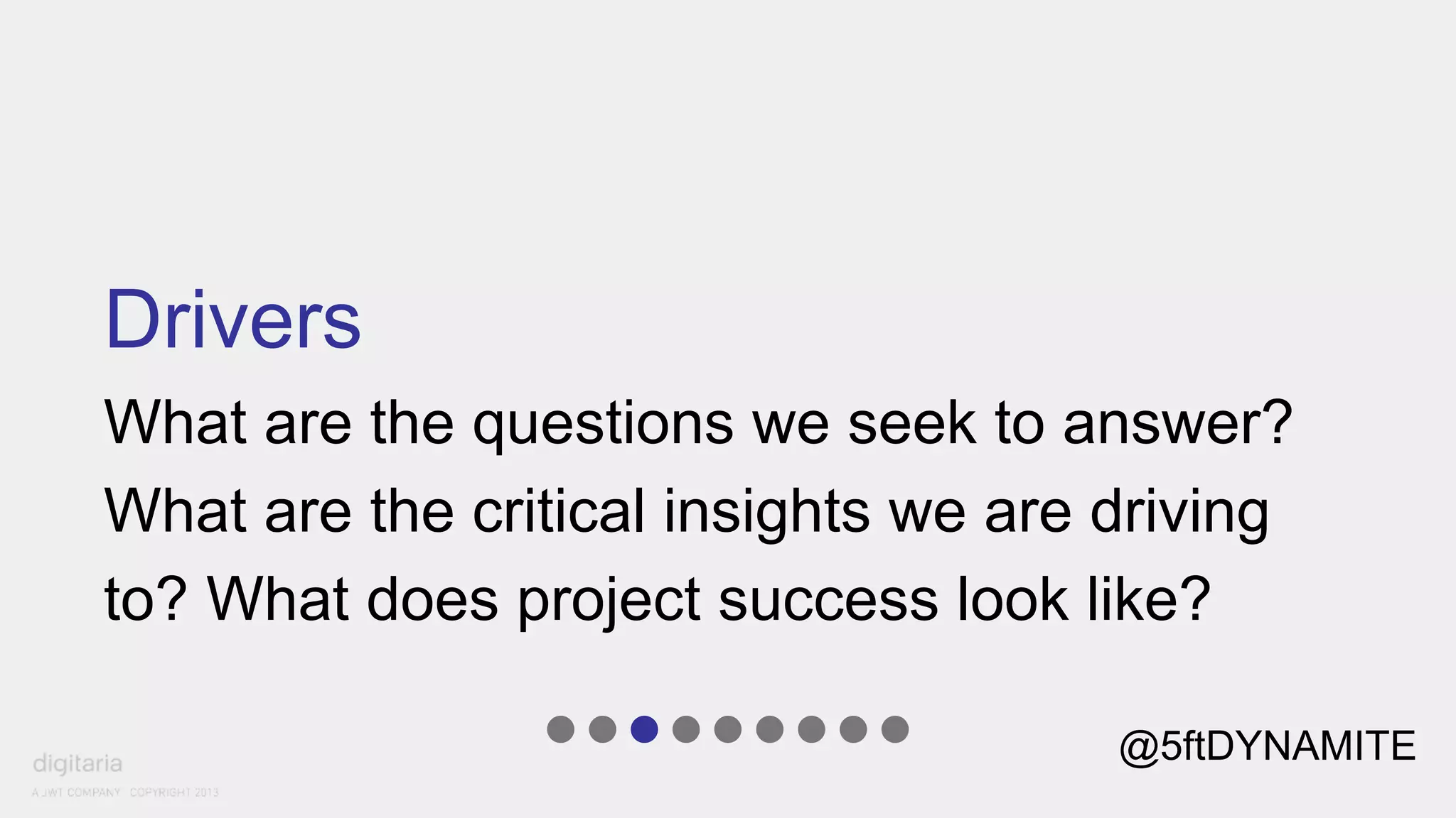 Drivers 
What are the questions we seek to answer? 
What are the critical insights we are driving 
to? What does project success look like? 
@5ftDYNAMITE 
 