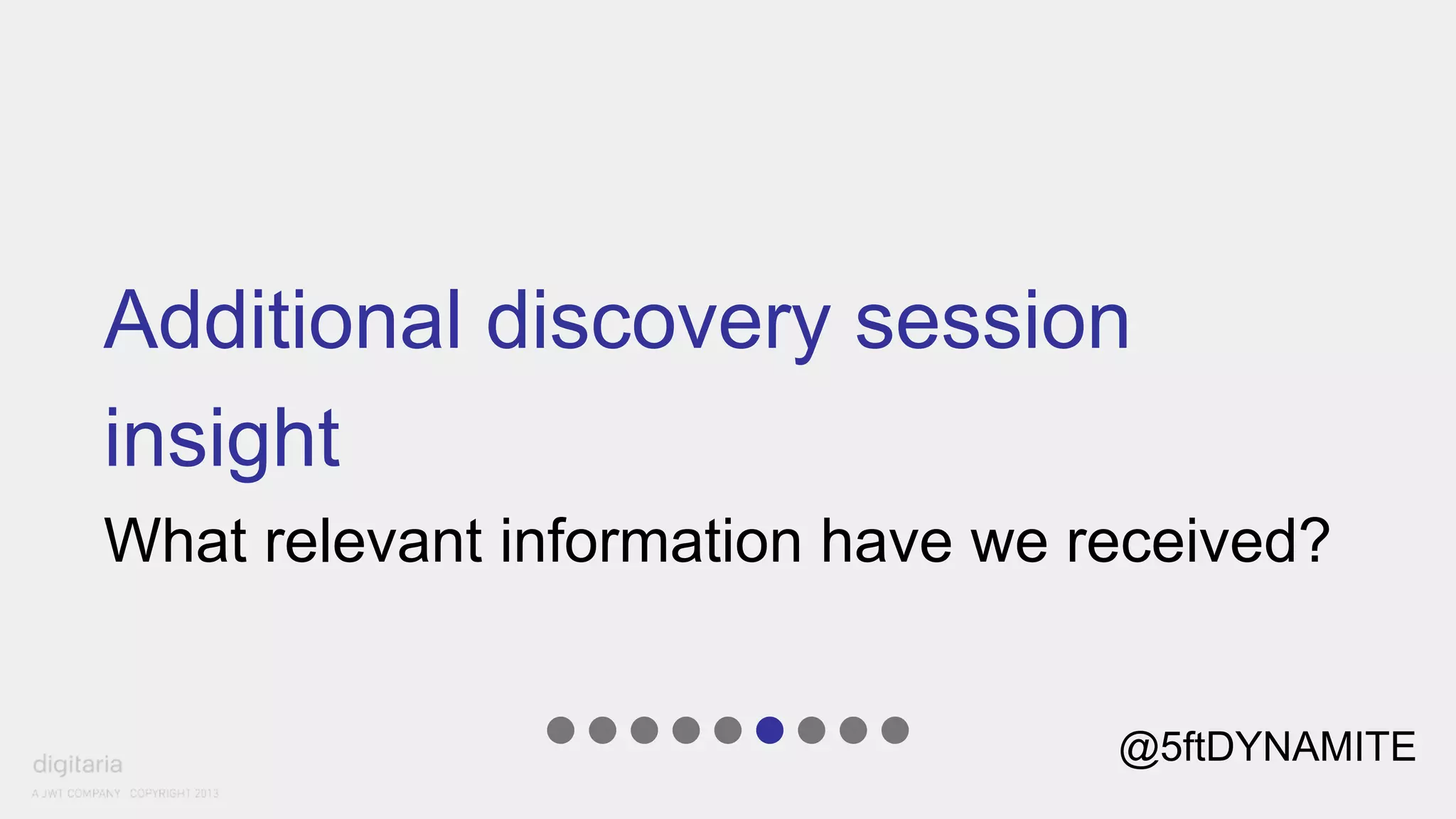 Additional discovery session 
insight 
What relevant information have we received? 
@5ftDYNAMITE 
 