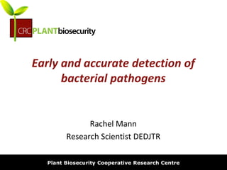biosecurity built on science
Early and accurate detection of
bacterial pathogens
Rachel Mann
Research Scientist DEDJTR
Plant Biosecurity Cooperative Research Centre
 