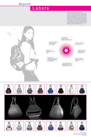 Beyond
         Labels
                                                         The Beyond Fashion Backpack Line
                                                         The beyond backpack line offers several different fea-
                                                         tures. One of the most important aspects of the product
                                                         is the interior witch is designed to be customized and fit
                                                         the individual’s personal needs. The next aspect is func-
                                                         tionality. The backpack offers young women a new al-
                                                         ternative to carry her things and distribute weight evenly
                                                         across the back, thus avoiding back and shoulder pains
                                                         from carrying a heavy purse. The product is also designed
                                                         to be reversible. The straps of the backpack clips off
                                                         so it is a reversible item that can be used for the day and
                                                         the night. In addition, the backpack will reveal one’s self
                                                         identity bag and is a completely original piece.




                                           The Individual:
                                           Focused on Self
                                           Identity and individuality

                    Social Environment:
                    Improving social                                             Parents: Increasing
                    surroundings                                                 communication




                                                  BLOOM
              Community:                                                                  Fashion Industry:
              Forming a support                                                           Creating a more
              group                                                                       positive image




                 The Function:
                 Creating an object with                                         Experts: National
                 personal functionality                                          Association for Self
                 and symbolism                                                   Esteem


                                             Socially Responsible:
                                             Helping Women in vari-
                                             ous parts of the world




                                                                                              Rachel McCollum
                                                                            Parsons The New School For Design
                                                                            Department Design and Management
                                                                                                 Senior Thesis
 