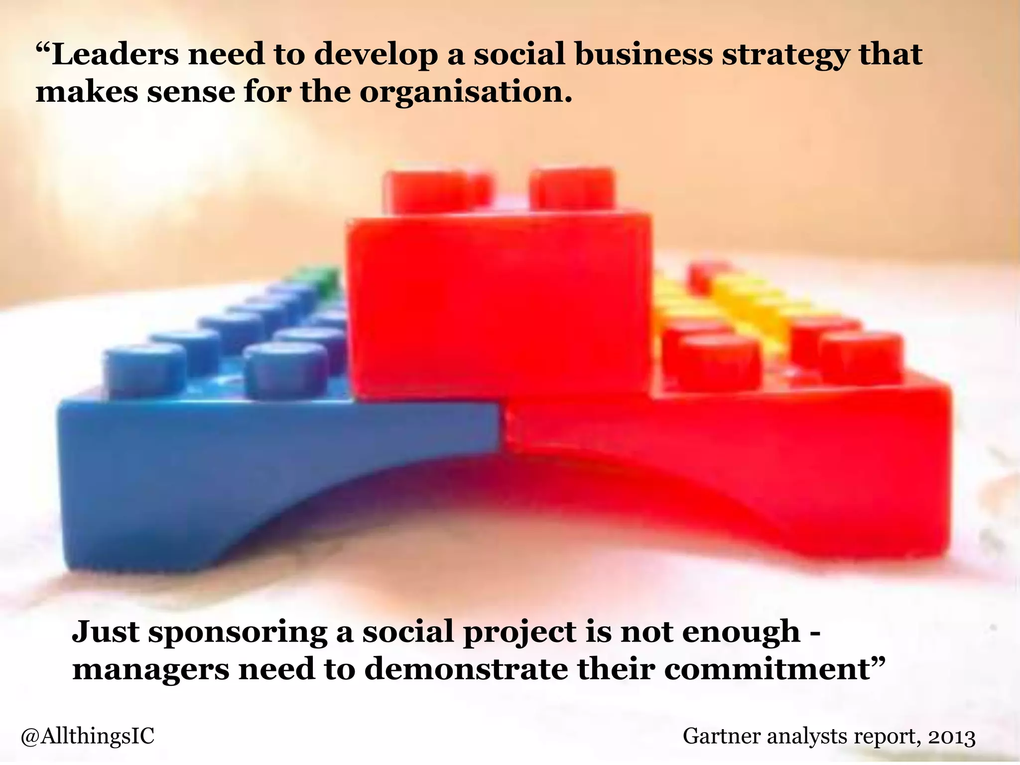 @AllthingsIC www.allthingsic.com
“Leaders need to develop a social business strategy that
makes sense for the organisation.
Just sponsoring a social project is not enough -
managers need to demonstrate their commitment”
@AllthingsIC Gartner analysts report, 2013
 