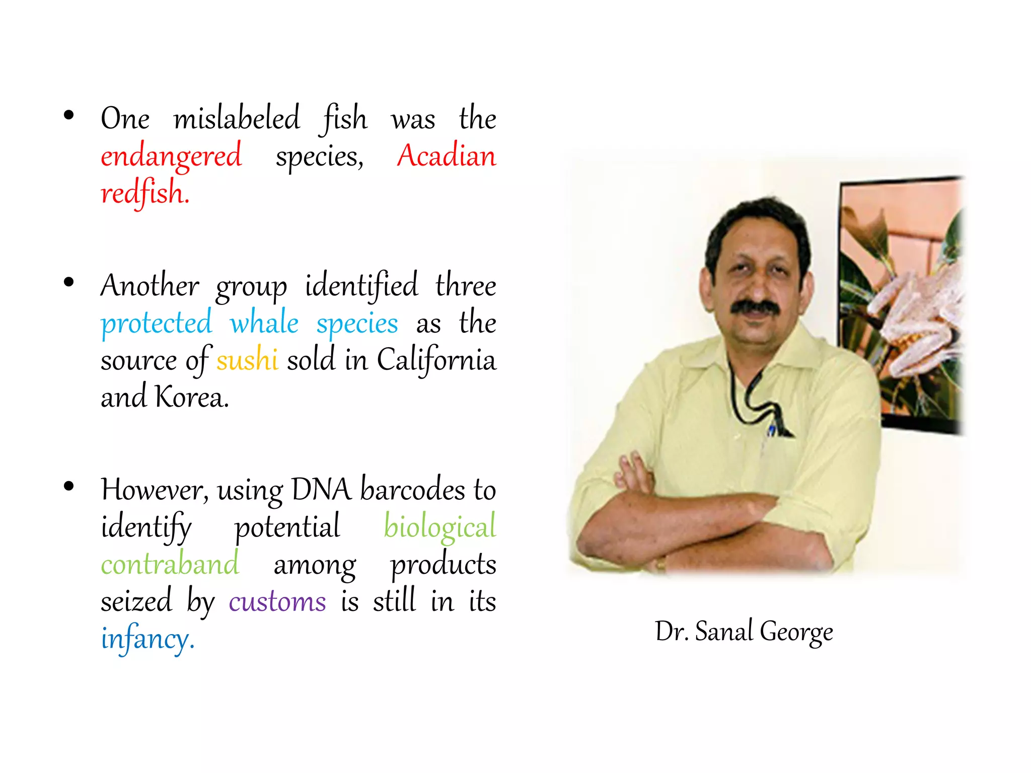 • One mislabeled fish was the
endangered species, Acadian
redfish.
• Another group identified three
protected whale species as the
source of sushi sold in California
and Korea.
• However, using DNA barcodes to
identify potential biological
contraband among products
seized by customs is still in its
infancy. Dr. Sanal George
 
