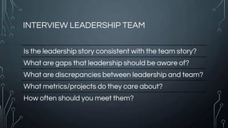 INTERVIEW LEADERSHIP TEAM
Is the leadership story consistent with the team story?
What are gaps that leadership should be ...