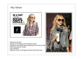 Key Values




- Strives for the best
- Brings out the best in each individual woman
- Signature Look (WWD names Hollywood’s new look to Zoe)
- Sets clear goals for herself
- Very ambitious
- Believes women of all ages and sizes should look sexy
 