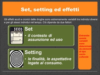 Set, setting ed effetti Gli effetti acuti e cronici delle droghe sono estremamente variabili tra individui diversi e per gli stessi individui nel tempo. Ciò dipende da due fattori: Entrambe queste variabili sono determinate da elementi di tipo socio-culturale 