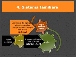 4. Sistema familiare  Lo svincolo del figlio porta ad una spaventata complicità della famiglia con il vizio ( J. Haley ) Padre periferico Rapporto privilegiato con la madre ( Stanton e Todd ) 