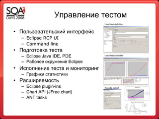 Управление тестом Пользовательский интерфейс Eclipse RCP UI Command line  Подготовка теста Eclipse Java IDE, PDE Рабочее окружение  Eclipse Исполнение теста   и   мониторинг   Графики статистики Расширяемость Eclipse plugin-ins Chart API (JFree chart) ANT tasks Results export Load test controller Load test definition 