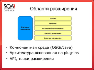 Области расширения Компонентная среда ( OSGi/Java ) Архитектура основанная на  plug -ins API,  точки расширения   Platform/ framework Scenario Workload Protocol and measurements Statistics and analysis Load test management 