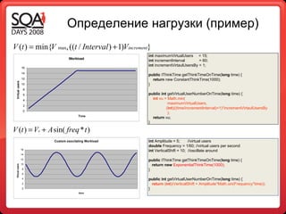 Определение нагрузки (пример) int  maximumVirtualUsers  = 15; int  incrementInterval  = 60; int  incrementVirtaulUsersBy = 1; public  IThinkTime getThinkTimeOnTime( long  time) { return  new ConstantThinkTime(1000); } public   int  getVirtualUserNumberOnTime( long  time) { int  vu = Math. min ( maximumVirtualUsers, ( int )((time/incrementInterval)+1)*incrementVirtaulUsersBy ); return  vu; } int  Amplitude = 5;  //virtual users  double  Frequency = 1/60; //virtual users per second int  VerticalShift = 10;  //oscillate around  public  IThinkTime getThinkTimeOnTime( long  time) { return   new   ExponentialThinkTime(1000);  } public   int  getVirtualUserNumberOnTime( long  time) { return  ( int )(VerticalShift + Amplitude*Math. sin (Frequency*time)); } 