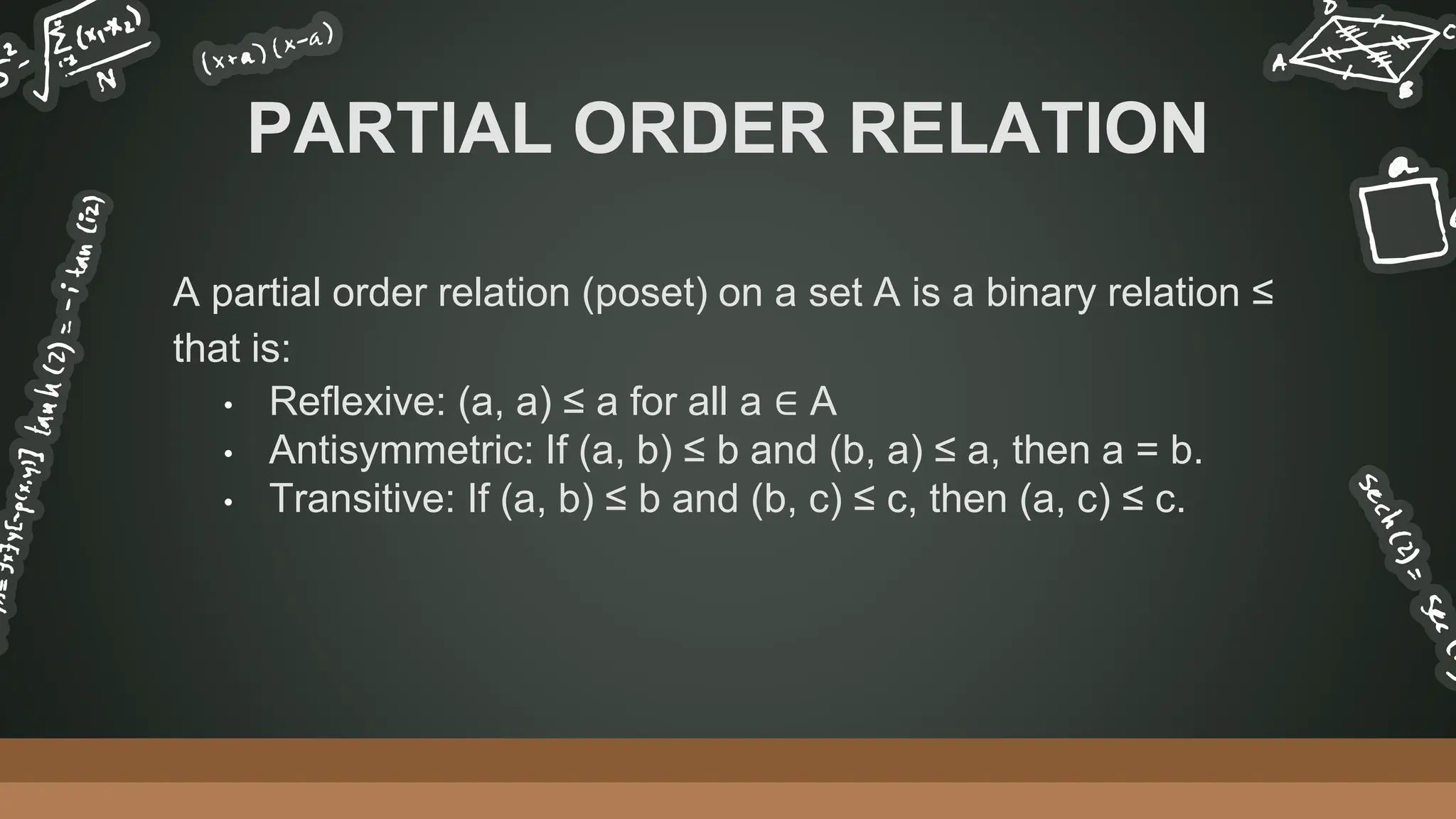 A partial order relation (poset) on a set A is a binary relation ≤
that is:
• Reflexive: (a, a) ≤ a for all a ∈ A
• Antisymmetric: If (a, b) ≤ b and (b, a) ≤ a, then a = b.
• Transitive: If (a, b) ≤ b and (b, c) ≤ c, then (a, c) ≤ c.
PARTIAL ORDER RELATION
 