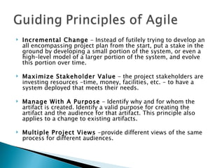 Incremental Change  - Instead of futilely trying to develop an all encompassing project plan from the start, put a stake in the ground by developing a small portion of the system, or even a high–level model of a larger portion of the system, and evolve this portion over time.  Maximize Stakeholder Value  - the project stakeholders are investing resources -time, money, facilities, etc. - to have a system deployed that meets their needs.  Manage With A Purpose  - Identify why and for whom the artifact is created. Identify a valid purpose for creating the artifact and the audience for that artifact. This principle also applies to a change to existing artifacts.  Multiple Project Views  -provide different views of the same process for different audiences.  