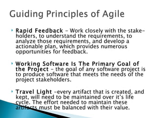 Rapid Feedback  - Work closely with the stake-holders, to understand the requirements, to analyze those requirements, and develop a actionable plan, which provides numerous opportunities for feedback.  Working Software Is The Primary Goal of the Project  - the goal of any software project is to produce software that meets the needs of the project stakeholders.  Travel Light  -every artifact that is created, and kept, will need to be maintained over it’s life cycle. The effort needed to maintain these artifacts must be balanced with their value.  