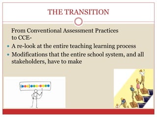 THE TRANSITIONFrom Conventional Assessment Practices to CCE-A re-look at the entire teaching learning processModifications that the entire school system, and all  stakeholders, have to make 