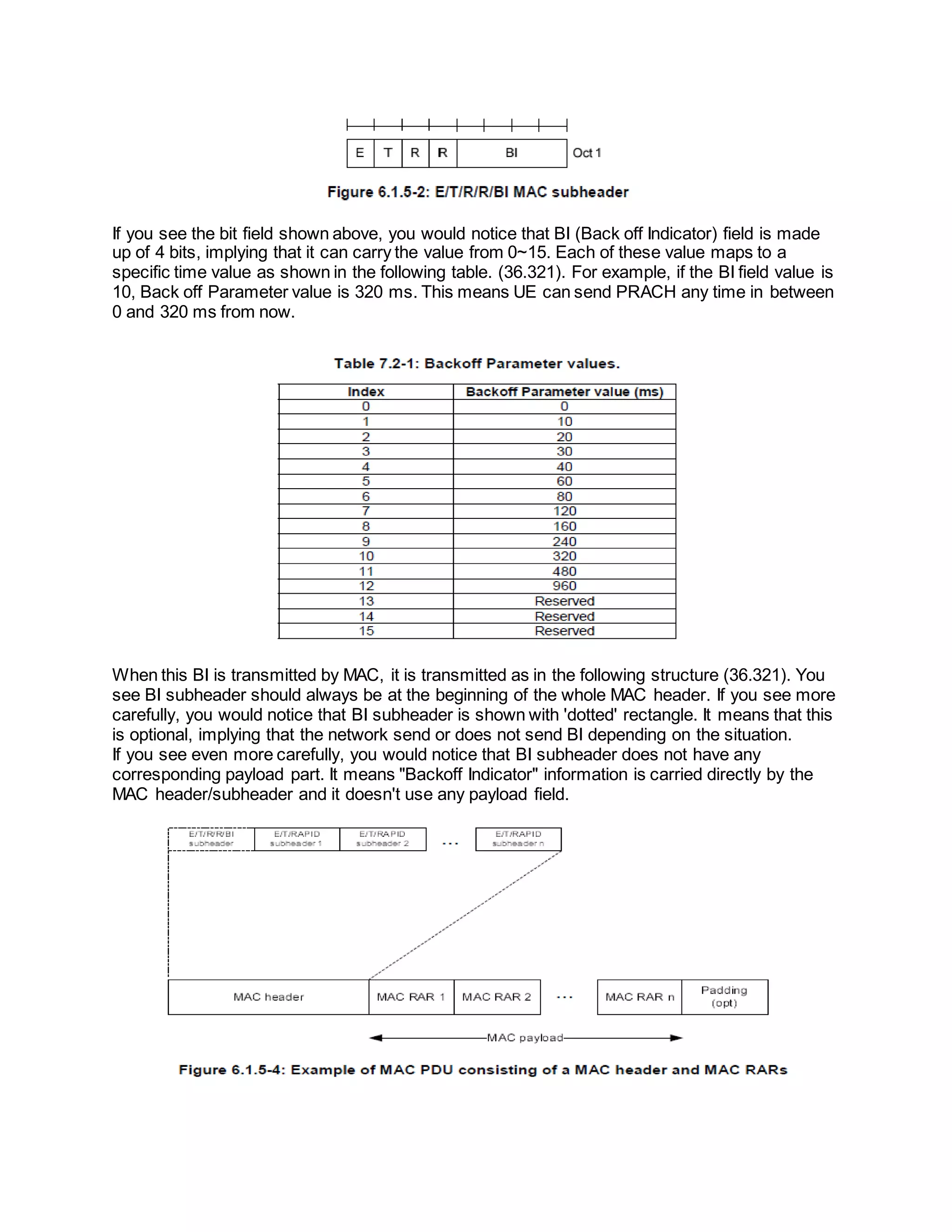 If you see the bit field shown above, you would notice that BI (Back off Indicator) field is made
up of 4 bits, implying that it can carry the value from 0~15. Each of these value maps to a
specific time value as shown in the following table. (36.321). For example, if the BI field value is
10, Back off Parameter value is 320 ms. This means UE can send PRACH any time in between
0 and 320 ms from now.
When this BI is transmitted by MAC, it is transmitted as in the following structure (36.321). You
see BI subheader should always be at the beginning of the whole MAC header. If you see more
carefully, you would notice that BI subheader is shown with 'dotted' rectangle. It means that this
is optional, implying that the network send or does not send BI depending on the situation.
If you see even more carefully, you would notice that BI subheader does not have any
corresponding payload part. It means "Backoff Indicator" information is carried directly by the
MAC header/subheader and it doesn't use any payload field.
 