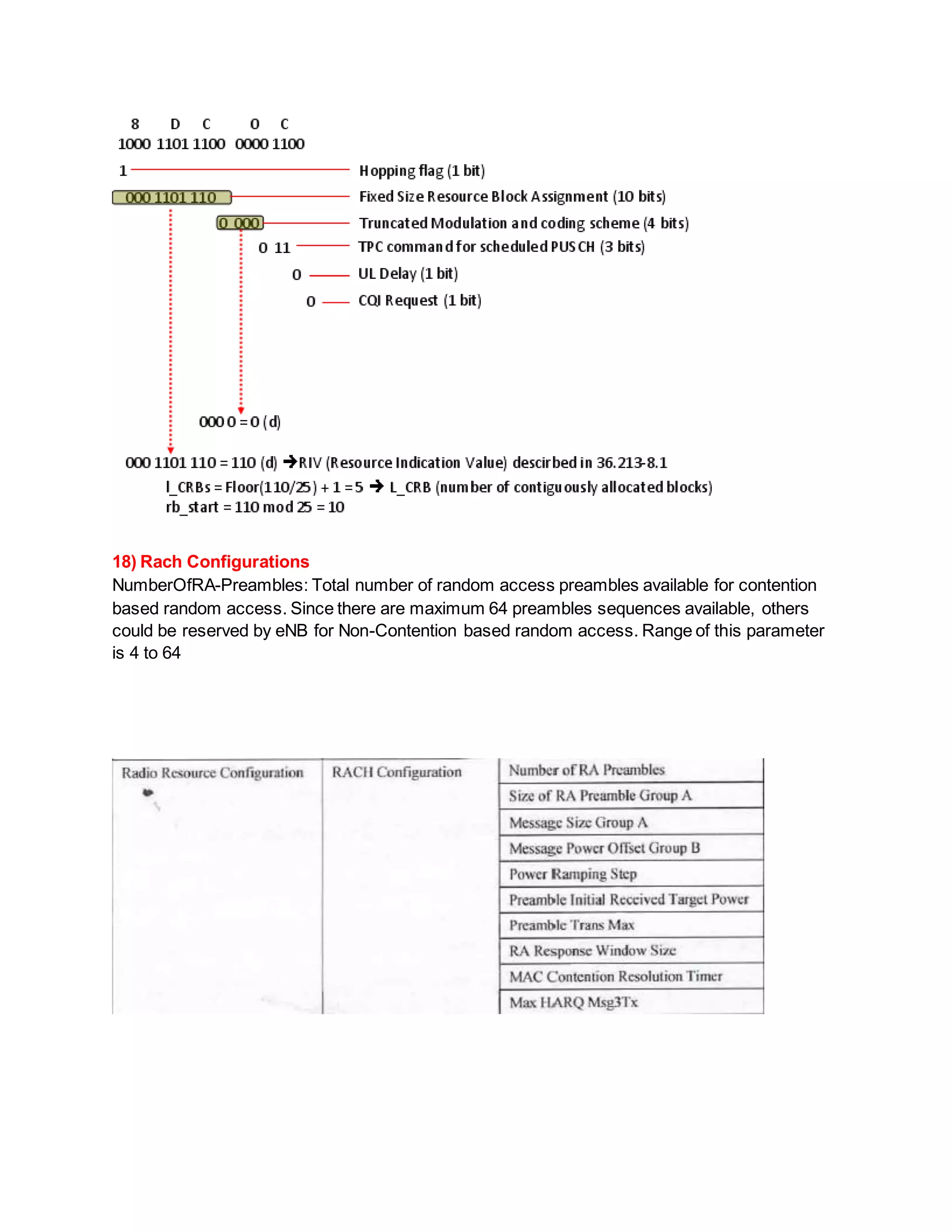 18) Rach Configurations
NumberOfRA-Preambles: Total number of random access preambles available for contention
based random access. Since there are maximum 64 preambles sequences available, others
could be reserved by eNB for Non-Contention based random access. Range of this parameter
is 4 to 64
 