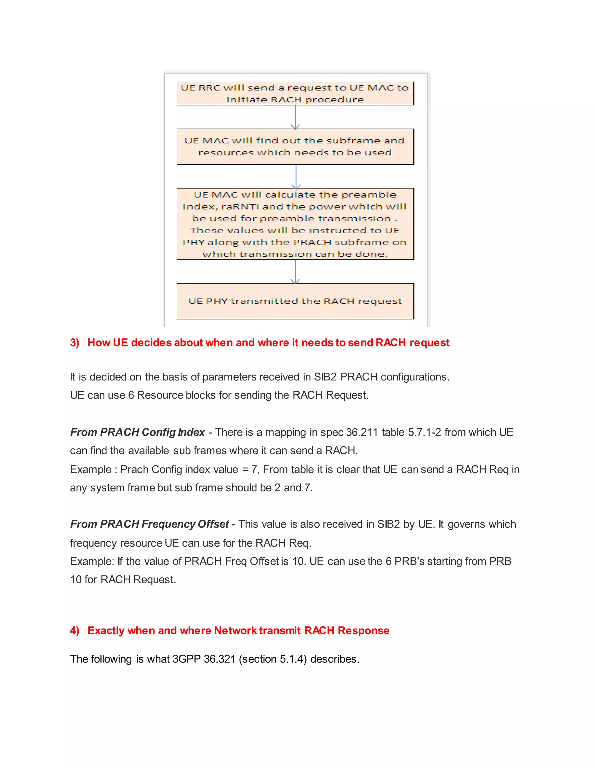 3) How UE decides about when and where it needs to send RACH request
It is decided on the basis of parameters received in SIB2 PRACH configurations.
UE can use 6 Resource blocks for sending the RACH Request.
From PRACH Config Index - There is a mapping in spec 36.211 table 5.7.1-2 from which UE
can find the available sub frames where it can send a RACH.
Example : Prach Config index value = 7, From table it is clear that UE can send a RACH Req in
any system frame but sub frame should be 2 and 7.
From PRACH Frequency Offset - This value is also received in SIB2 by UE. It governs which
frequency resource UE can use for the RACH Req.
Example: If the value of PRACH Freq Offset is 10. UE can use the 6 PRB's starting from PRB
10 for RACH Request.
4) Exactly when and where Network transmit RACH Response
The following is what 3GPP 36.321 (section 5.1.4) describes.
 