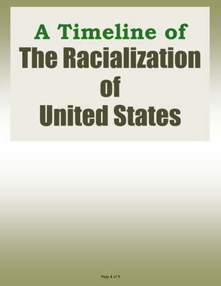 Page 1 of 9
A Timeline of the
“Racialization” of
United States
NOTE: This timeline must be
read in conjunction with the
extensive definition of race/
racism in the online glossary
titled Definitions of Terms and
Phrases, which is also available
on this site (SlideShare). Do a
search with this keyword:
“elegantbrain” and then scroll
through the documents that
come up. (Alternatively, copy
this website address into your
browser:
http://bit.ly/glossterms ).
Josh, a three-year old toddler—dressed by, pre-
sumably, the parents in the characteristic KKK
garb (the style of which was originally inherited,
tellingly, from the Spanish Inquisition)—traces
an outline of his reflection in the State Patrol
trooper’s riot shield at a KKK rally in Gainesville,
Georgia as the trooper looks on amused. (The
ironies this image so serendipitously captures
are self-evident for those even vaguely familiar
with the broadest outlines of U.S. history. On a
different note, a reminder: for genetic reasons,
human beings begin their lives, generally, in the
arms of love; but for cultural reasons, as they
grow up they are taught to hate.) Photographer:
Todd Robertson of Gainesville Times; State
Trooper, Allen Campbell.
 