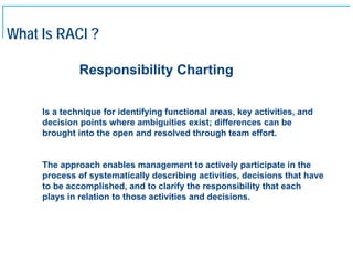 What Is RACI ?

                  Responsibility Charting

         Is a technique for identifying functional areas, key activities, and
         decision points where ambiguities exist; differences can be
         brought into the open and resolved through team effort.


         The approach enables management to actively participate in the
         process of systematically describing activities, decisions that have
         to be accomplished, and to clarify the responsibility that each
         plays in relation to those activities and decisions.




2
 