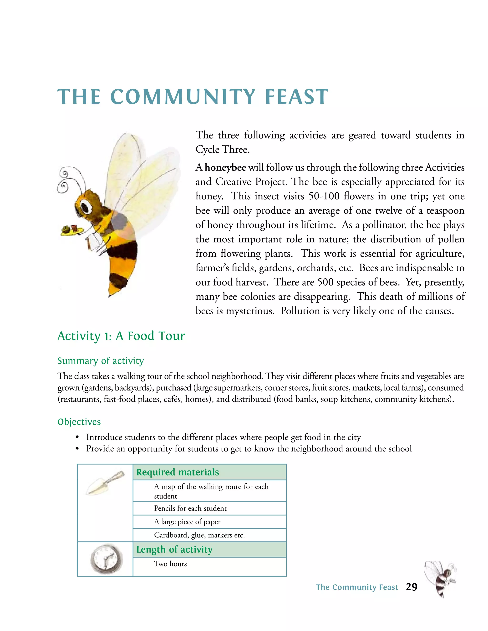 THE COMMUNITY FEAST
                                         The three following activities are geared toward students in
                                         Cycle Three.
                                         A honeybee will follow us through the following three Activities
                                         and Creative Project. The bee is especially appreciated for its
                                         honey. This insect visits 50-100 ﬂowers in one trip; yet one
                                         bee will only produce an average of one twelve of a teaspoon
                                         of honey throughout its lifetime. As a pollinator, the bee plays
                                         the most important role in nature; the distribution of pollen
                                         from ﬂowering plants. This work is essential for agriculture,
                                         farmer’s ﬁelds, gardens, orchards, etc. Bees are indispensable to
                                         our food harvest. There are 500 species of bees. Yet, presently,
                                         many bee colonies are disappearing. This death of millions of
                                         bees is mysterious. Pollution is very likely one of the causes.

Activity 1: A Food Tour
Summary of activity
The class takes a walking tour of the school neighborhood. They visit different places where fruits and vegetables are
grown (gardens, backyards), purchased (large supermarkets, corner stores, fruit stores, markets, local farms), consumed
(restaurants, fast-food places, cafés, homes), and distributed (food banks, soup kitchens, community kitchens).

Objectives
     • Introduce students to the different places where people get food in the city
     • Provide an opportunity for students to get to know the neighborhood around the school

                       Required materials
                            A map of the walking route for each
                            student
                            Pencils for each student
                            A large piece of paper
                            Cardboard, glue, markers etc.
                       Length of activity
                            Two hours

                                                                           The Community Feast        29
 