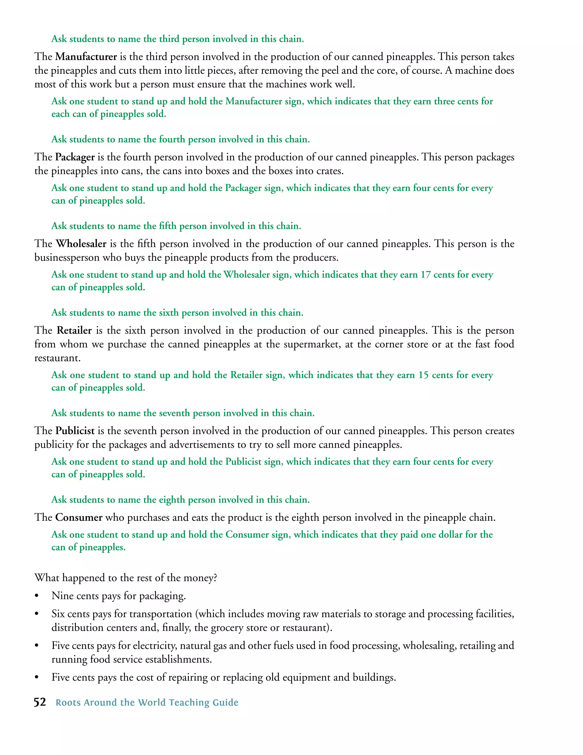 Ask students to name the third person involved in this chain.
The Manufacturer is the third person involved in the production of our canned pineapples. This person takes
the pineapples and cuts them into little pieces, after removing the peel and the core, of course. A machine does
most of this work but a person must ensure that the machines work well.
     Ask one student to stand up and hold the Manufacturer sign, which indicates that they earn three cents for
     each can of pineapples sold.

     Ask students to name the fourth person involved in this chain.
The Packager is the fourth person involved in the production of our canned pineapples. This person packages
the pineapples into cans, the cans into boxes and the boxes into crates.
     Ask one student to stand up and hold the Packager sign, which indicates that they earn four cents for every
     can of pineapples sold.

     Ask students to name the ﬁfth person involved in this chain.
The Wholesaler is the ﬁfth person involved in the production of our canned pineapples. This person is the
businessperson who buys the pineapple products from the producers.
     Ask one student to stand up and hold the Wholesaler sign, which indicates that they earn 17 cents for every
     can of pineapples sold.

     Ask students to name the sixth person involved in this chain.
The Retailer is the sixth person involved in the production of our canned pineapples. This is the person
from whom we purchase the canned pineapples at the supermarket, at the corner store or at the fast food
restaurant.
     Ask one student to stand up and hold the Retailer sign, which indicates that they earn 15 cents for every
     can of pineapples sold.

     Ask students to name the seventh person involved in this chain.
The Publicist is the seventh person involved in the production of our canned pineapples. This person creates
publicity for the packages and advertisements to try to sell more canned pineapples.
     Ask one student to stand up and hold the Publicist sign, which indicates that they earn four cents for every
     can of pineapples sold.

     Ask students to name the eighth person involved in this chain.
The Consumer who purchases and eats the product is the eighth person involved in the pineapple chain.
     Ask one student to stand up and hold the Consumer sign, which indicates that they paid one dollar for the
     can of pineapples.

What happened to the rest of the money?
•    Nine cents pays for packaging.
•    Six cents pays for transportation (which includes moving raw materials to storage and processing facilities,
     distribution centers and, ﬁnally, the grocery store or restaurant).
•    Five cents pays for electricity, natural gas and other fuels used in food processing, wholesaling, retailing and
     running food service establishments.
•    Five cents pays the cost of repairing or replacing old equipment and buildings.

52   Roots Around the World Teaching Guide
 