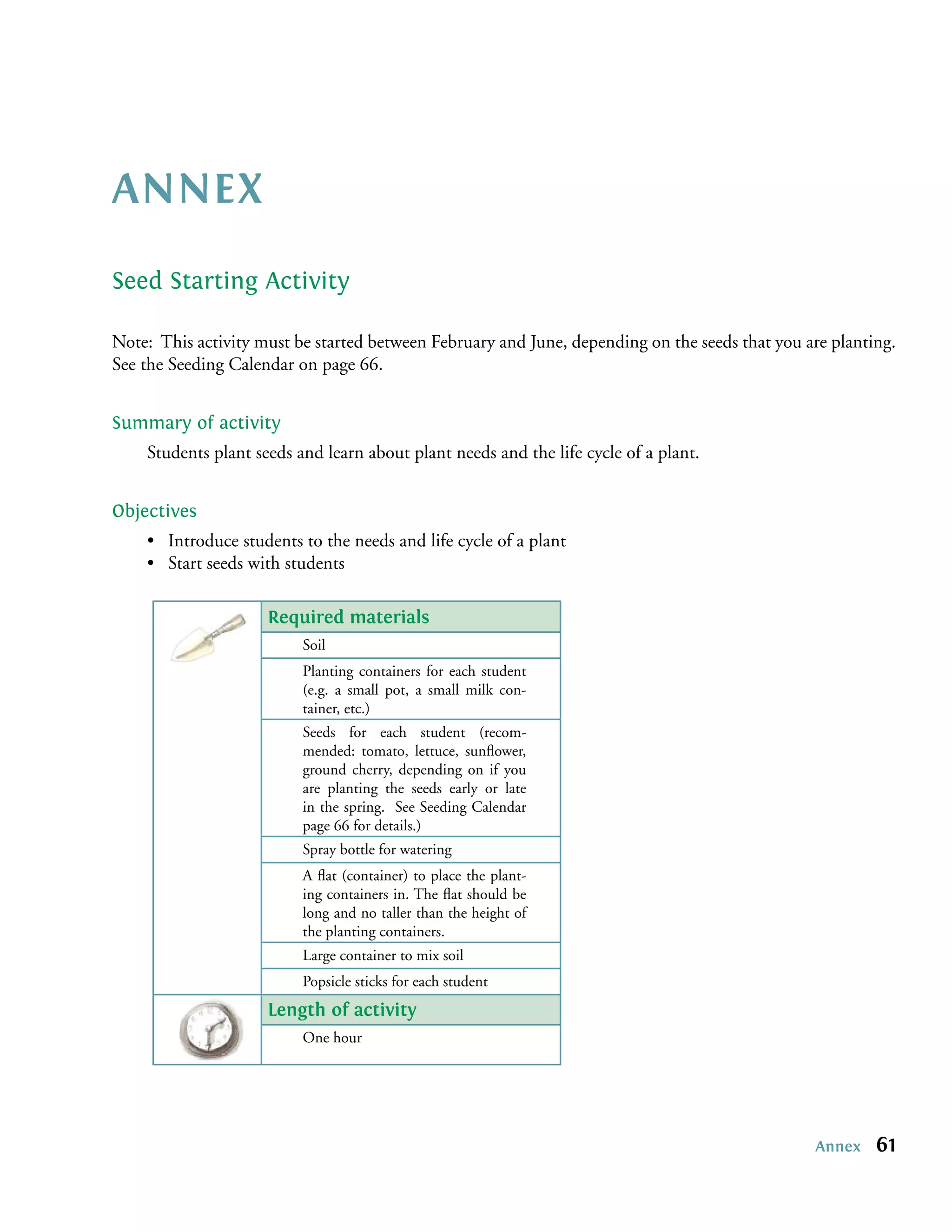 ANNEX
Seed Starting Activity

Note: This activity must be started between February and June, depending on the seeds that you are planting.
See the Seeding Calendar on page 66.


Summary of activity
    Students plant seeds and learn about plant needs and the life cycle of a plant.


Objectives
    • Introduce students to the needs and life cycle of a plant
    • Start seeds with students

                     Required materials
                          Soil
                          Planting containers for each student
                          (e.g. a small pot, a small milk con-
                          tainer, etc.)
                          Seeds for each student (recom-
                          mended: tomato, lettuce, sunﬂower,
                          ground cherry, depending on if you
                          are planting the seeds early or late
                          in the spring. See Seeding Calendar
                          page 66 for details.)
                          Spray bottle for watering
                          A ﬂat (container) to place the plant-
                          ing containers in. The ﬂat should be
                          long and no taller than the height of
                          the planting containers.
                          Large container to mix soil
                          Popsicle sticks for each student
                     Length of activity
                          One hour




                                                                                                Annex    61
 