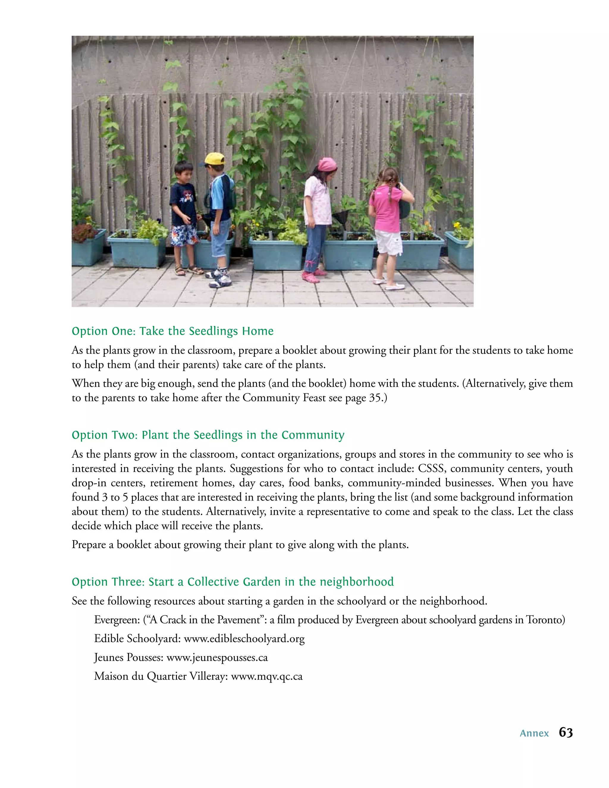 Option One: Take the Seedlings Home
As the plants grow in the classroom, prepare a booklet about growing their plant for the students to take home
to help them (and their parents) take care of the plants.
When they are big enough, send the plants (and the booklet) home with the students. (Alternatively, give them
to the parents to take home after the Community Feast see page 35.)


Option Two: Plant the Seedlings in the Community
As the plants grow in the classroom, contact organizations, groups and stores in the community to see who is
interested in receiving the plants. Suggestions for who to contact include: CSSS, community centers, youth
drop-in centers, retirement homes, day cares, food banks, community-minded businesses. When you have
found 3 to 5 places that are interested in receiving the plants, bring the list (and some background information
about them) to the students. Alternatively, invite a representative to come and speak to the class. Let the class
decide which place will receive the plants.
Prepare a booklet about growing their plant to give along with the plants.


Option Three: Start a Collective Garden in the neighborhood
See the following resources about starting a garden in the schoolyard or the neighborhood.
     Evergreen: (“A Crack in the Pavement”: a ﬁlm produced by Evergreen about schoolyard gardens in Toronto)
     Edible Schoolyard: www.edibleschoolyard.org
     Jeunes Pousses: www.jeunespousses.ca
     Maison du Quartier Villeray: www.mqv.qc.ca



                                                                                                    Annex    63
 
