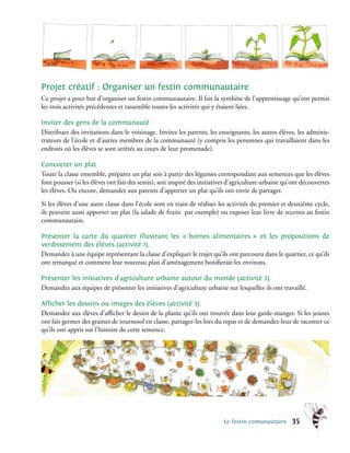 Projet créatif : Organiser un festin communautaire
Ce projet a pour but d’organiser un festin communautaire. Il fait la synthèse de l’apprentissage qu’ont permis
les trois activités précédentes et rassemble toutes les activités qui y étaient liées.

Inviter des gens de la communauté
Distribuez des invitations dans le voisinage. Invitez les parents, les enseignants, les autres élèves, les adminis-
trateurs de l’école et d’autres membres de la communauté (y compris les personnes qui travaillaient dans les
endroits où les élèves se sont arrêtés au cours de leur promenade).

Concocter un plat
Toute la classe ensemble, préparez un plat soit à partir des légumes correspondant aux semences que les élèves
font pousser (si les élèves ont fait des semis), soit inspiré des initiatives d’agriculture urbaine qu’ont découvertes
les élèves. Ou encore, demandez aux parents d’apporter un plat qu’ils ont envie de partager.
Si les élèves d’une autre classe dans l’école sont en train de réaliser les activités du premier et deuxième cycle,
ils peuvent aussi apporter un plat (la salade de fruits par exemple) ou exposer leur livre de recettes au festin
communautaire.

Présenter la carte du quartier illustrant les « bornes alimentaires » et les propositions de
verdissement des élèves (activité 1).
Demandez à une équipe représentant la classe d’expliquer le trajet qu’ils ont parcouru dans le quartier, ce qu’ils
ont remarqué et comment leur nouveau plan d’aménagement bonifierait les environs.

Présenter les initiatives d’agriculture urbaine autour du monde (activité 2).
Demandez aux équipes de présenter les initiatives d’agriculture urbaine sur lesquelles ils ont travaillé.

Afficher les dessins ou images des élèves (activité 3).
Demandez aux élèves d’afficher le dessin de la plante qu’ils ont trouvée dans leur garde-manger. Si les jeunes
ont fait germer des graines de tournesol en classe, partagez-les lors du repas et de demandez-leur de raconter ce
qu’ils ont appris sur l’histoire de cette semence.
.




                                                                          Le festin comunautaire      35
 