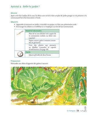 Activité 4 : Enfin le jardin !

Résumé
Après avoir fait l’analyse de la cour, les élèves sont invités à faire un plan de jardin potager et à le présenter à la
communauté lors d’un lancement à l’école.

Objectifs
    • Apprendre à concevoir un jardin, à travailler en équipe et à faire une présentation orale.
    • Encourager les enfants à se mobiliser et à s’impliquer au sein de leur communauté.

                       Matériel nécessaire
                          Plan de la cour d’école (voir auprès de
                          la commission scolaire ou faites une
                          esquisse)
                          Papier, crayon, galon à mesurer, ensem-
                          ble de géométrie
                          Liste des plantes qui poussent
                          au Québec (consulter la capsule
                          d’information à la page 20)
                       Durée
                            Quatre périodes de deux heures


Préparation
Demandez aux élèves d’apporter des galons à mesurer.




                                                                                        Le Compost     53
 