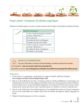 Projet créatif : composter les déchets organiques

Démarrer un lombricompost ou un bac à compost extérieur afin de réduire et de réutiliser les déchets de l’école.

                       matériel nécessaire
                           Un bac à lombricompostage (consultez
                           la section « Ressources »)
                           Des vers de terre
                           Des résidus de fruits et de légumes
                           Du papier journal ou des feuilles
                       oU: Un bac à composter extérieur (consultez
                           la section « Ressources »)
                           Des résidus de fruits et de légumes
                           Des feuilles ou de la paille




              cAPsULe d’InFoRMAtIon
              Pour plus d’information au sujet du lombricompostage, consultez les ressources suivantes :
    Son écoquartier, www.eco-quartier.org/lombricompostage.htm
    Des jardins sur les toits, www.rooftopgardens.ca/ﬁles/Brochure%20Vermicompostage%20-%20francais.pdf


Préparation
• Lire la section « Le compostage » du document Le compost et le paillis publié par Evergreen :
   www.evergreen.ca/fr/lg /resources/design/design-2.pdf
•    Dans le cas de la fabrication d’un bac à composter extérieur, il faudra probablement communiquer avec
     l’administration de l’école. Il serait également profitable d’avertir les voisins qui pourront aider à la fabrica-
     tion du compost et/ou y ajouter leurs déchets organiques. Il est important de tenir une rencontre commu-
     nautaire pour s’assurer que chacun sache ce qu’il peut ajouter au compost et comment en prendre soin.
•    Dans le cas de la fabrication d’un lombricomposteur, il est profitable d’en parler avec d’autres enseignants
     et/ou avec des responsables de la cafétéria dans le but de réutiliser davantage les déchets organiques de
     l’école.
•    Préparer le lombricomposteur ou le bac à composter.


                                                                                        Le Compost     5
 