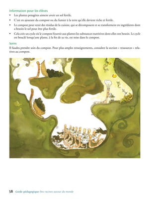 Information pour les élèves
• Les plantes potagères aiment avoir un sol fertile.
•    C’est en ajoutant du compost ou du fumier à la terre qu’elle devient riche et fertile.
•    Le compost peut venir des résidus de la cuisine, qui se décomposent et se transforment en ingrédients dont
     a besoin le sol pour être plus fertile.
•    Cela crée un cycle où le compost fournit aux plantes les substances nutritives dont elles ont besoin. Le cycle
     est bouclé lorsqu’une plante, à la fin de sa vie, est mise dans le compost.
Soins
Il faudra prendre soin du compost. Pour plus amples renseignements, consultez la section « ressources » rela-
tives au compost.




58    Guide pédagogique Des racines autour du monde
 