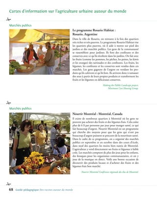 Cartes d’information sur l’agriculture urbaine autour du monde


Marchés publics
                                                 Le programme Rosario Habitat :
                                                 Rosario, Argentine
                                                 Dans la ville de Rosario, on retrouve à la fois des quartiers
                                                 très riches et très pauvres. Le programme Rosario Habitat vise
                                                 les quartiers plus pauvres, où il aide à mettre sur pied des
                                                 jardins et des marchés publics. Les gens de la communauté
                                                 se rassemblent pour jardiner. Ils font des confitures et des
                                                 conserves avec ce qu’ils récoltent dans les jardins. On fait avec
                                                 les fruits (comme les pommes, les pêches, les poires, les kiwis
                                                 et les oranges) des tartinades et des confitures. Les fruits, les
                                                 légumes, les confitures et les conserves sont vendus dans ces
                                                 marchés. Les gens gagnent de l’argent en vendant les pro-
                                                 duits qu’ils cultivent et qu’ils font. Ils arrivent donc à ramasser
                                                 des sous à partir de leurs propres produits et transforment les
                                                 fruits et les légumes en délicieuses conserves.
                                                                               Making the Edible Landscape project,
                                                                                   Minimum Cost Housing Group.




Marchés publics
                                                 Nourrir Montréal : Montréal, Canada
                                                 Il existe de nombreux quartiers à Montréal où les gens ne
                                                 peuvent pas acheter des fruits et des légumes frais. Cela coûte
                                                 plus de 6 $ par personne par jour pour manger santé, ce qui
                                                 fait beaucoup d’argent. Nourrir Montréal est un programme
                                                 qui cherche des moyens pour que les gens qui n’ont pas
                                                 beaucoup d’argent puissent se procurer de la nourriture santé.
                                                 Dans le cadre de ce programme, on a organisé des marchés
                                                 publics en septembre et en octobre dans des cours d’école,
                                                 dans neuf des quartiers les moins bien nantis de Montréal.
                                                 L’agriculteur y vend directement ses fruits et légumes à faible
                                                 coût. Les marchés comptent de plus des jeux pour les enfants,
                                                 des kiosques pour les organismes communautaires, et on y
                                                 joue de la musique en direct. Voilà une bonne occasion de
                                                 découvrir des produits locaux et d’acheter des fruits et des
                                                 légumes frais bon marché.

                                                         Nourrir Montréal Conférence régionale des élus de Montréal.




68   Guide pédagogique Des racines autour du monde
 