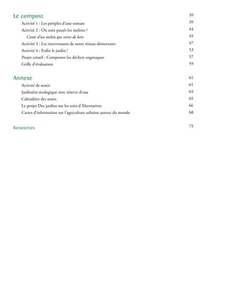Le compost	                                                          39
    Activité 1 : Les périples d’une tomate                           39
    Activité 2 : Où sont passés les melons ?                         44
    	 Conte d’un melon qui vient de loin                             45
    Activité 3 : Les intervenants de notre réseau alimentaire        47
    Activité 4 : Enfin le jardin !	                                  53
    Projet créatif : Composter les déchets organiques                57
    Grille d’évaluation                                              59


Annexe	                                                              61
    Activité de semis                                                61
    Jardinière écologique avec réserve d’eau                         64
    Calendrier des semis	                                            65
    Le projet Des jardins sur les toits d’Alternatives               66
    Cartes d’information sur l’agriculture urbaine autour du monde   68


Ressources	                                                          75
 