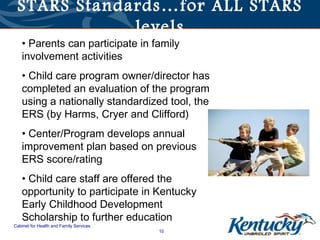 STARS Standards…for ALL STARS
             levels
   • Parents can participate in family
   involvement activities
   • Child care program owner/director has
   completed an evaluation of the program
   using a nationally standardized tool, the
   ERS (by Harms, Cryer and Clifford)
   • Center/Program develops annual
   improvement plan based on previous
   ERS score/rating
   • Child care staff are offered the
   opportunity to participate in Kentucky
   Early Childhood Development
   Scholarship to further education
Cabinet for Health and Family Services
                                         10
 